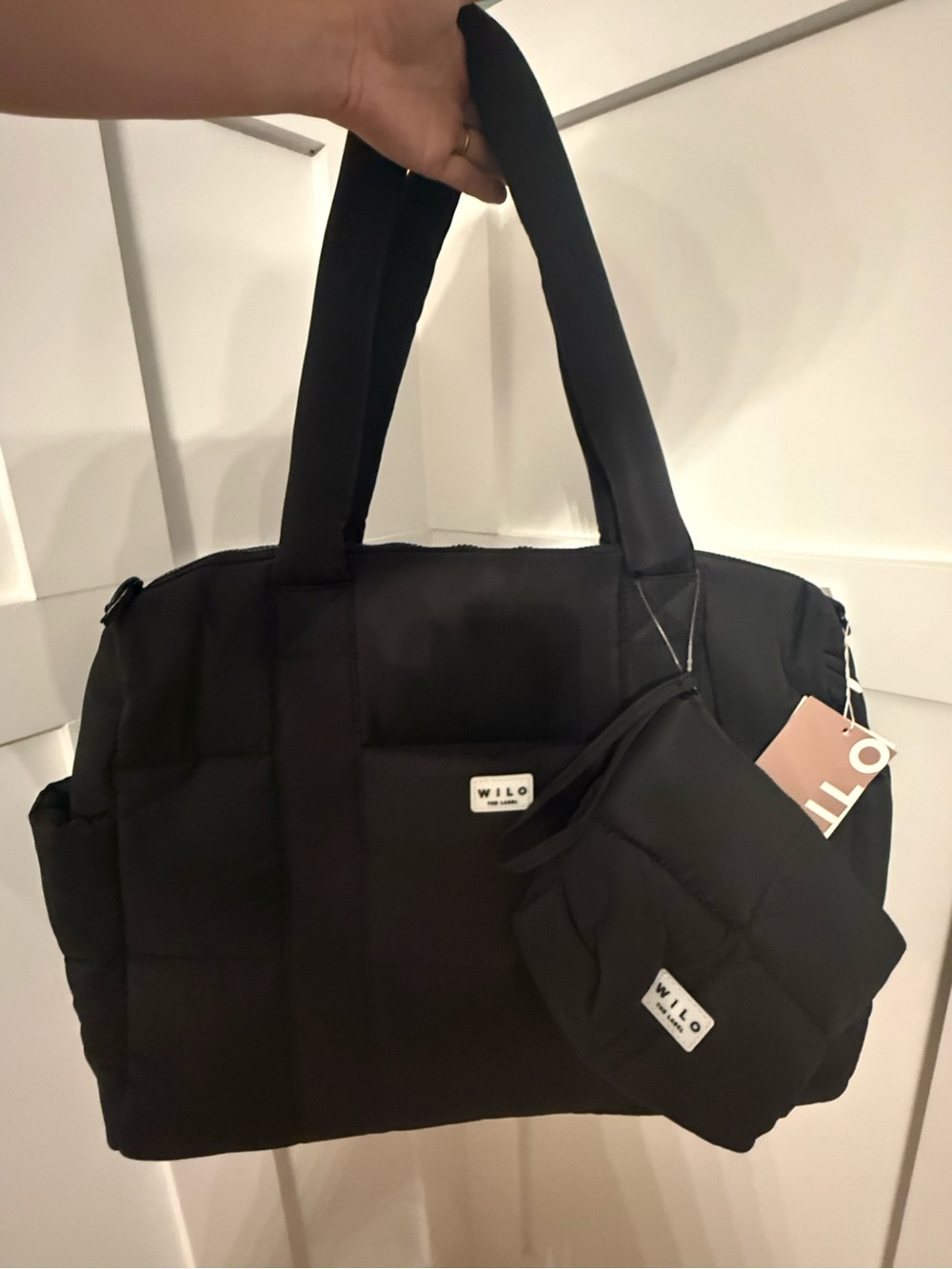 Black Quilted Travel Voyage Multi Pocket Weekender Tote Bag with Matching Pouch